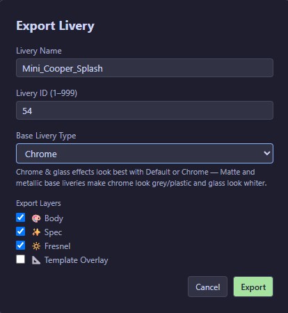 Export Livery Dialog